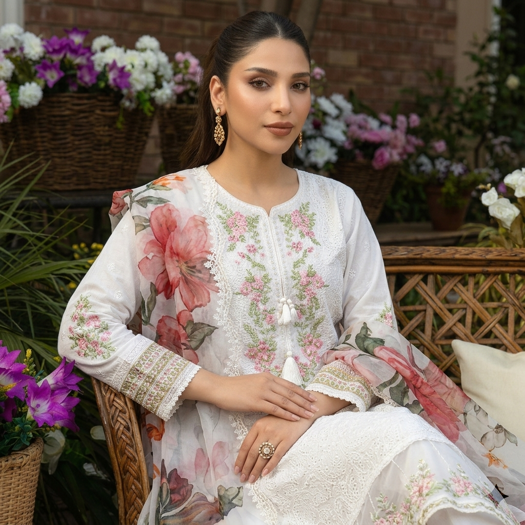 Chicken Kari Aroha | 4-Pc Winter Dhank Suit with Organza Dupatta & Extra Shawl