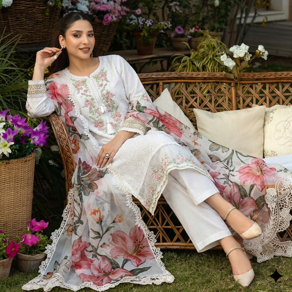 Chicken Kari Aroha | 4-Pc Winter Dhank Suit with Organza Dupatta & Extra Shawl