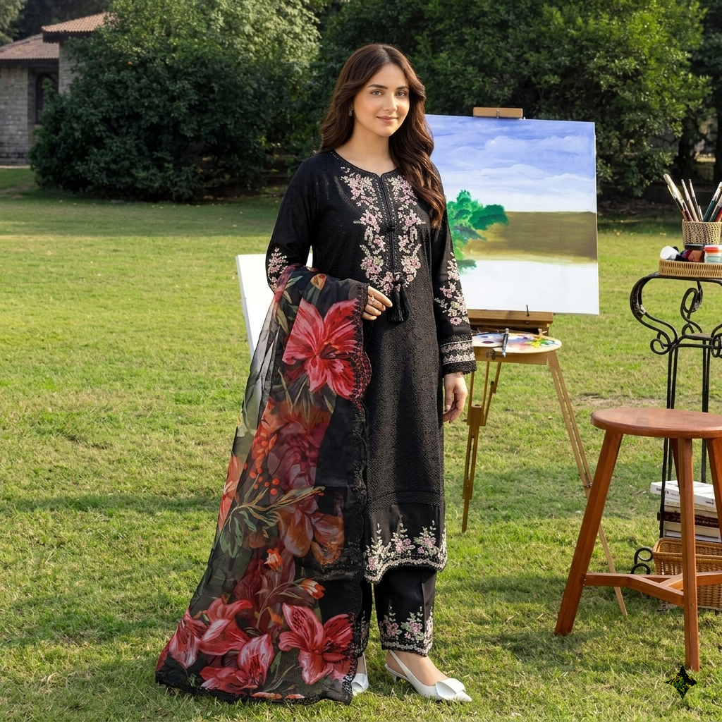 Chicken Kari Alaya | 4-Pc Winter Dhank Suit with Organza Dupatta & Extra Shawl