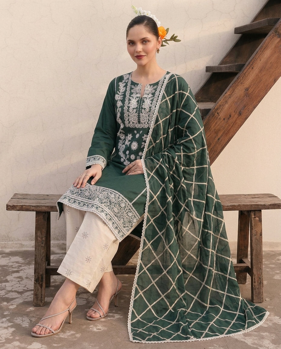 Embroidery Stitched Winter Bloom 3 Pc